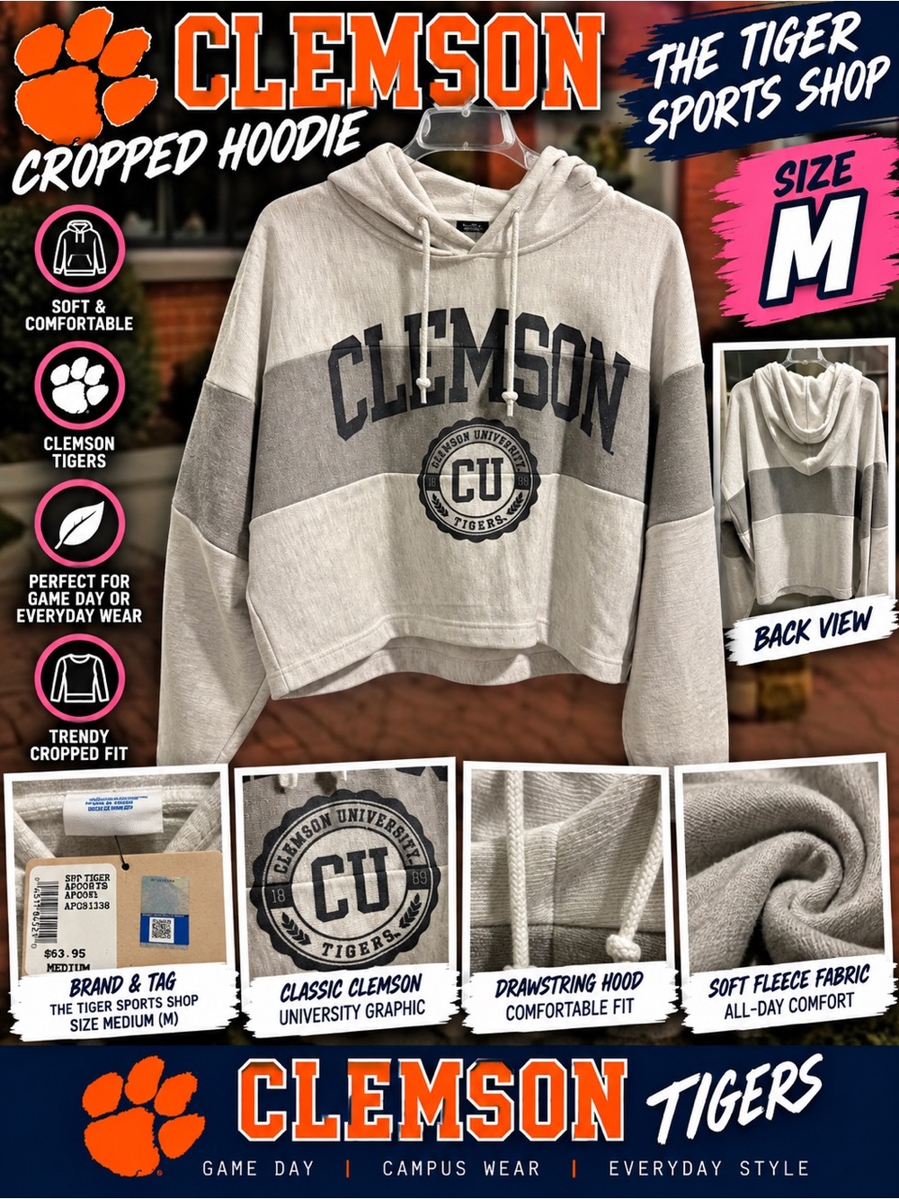 Clemson Tigers Women’s Cropped Hoodie Medium NWT Gray Colorblock
